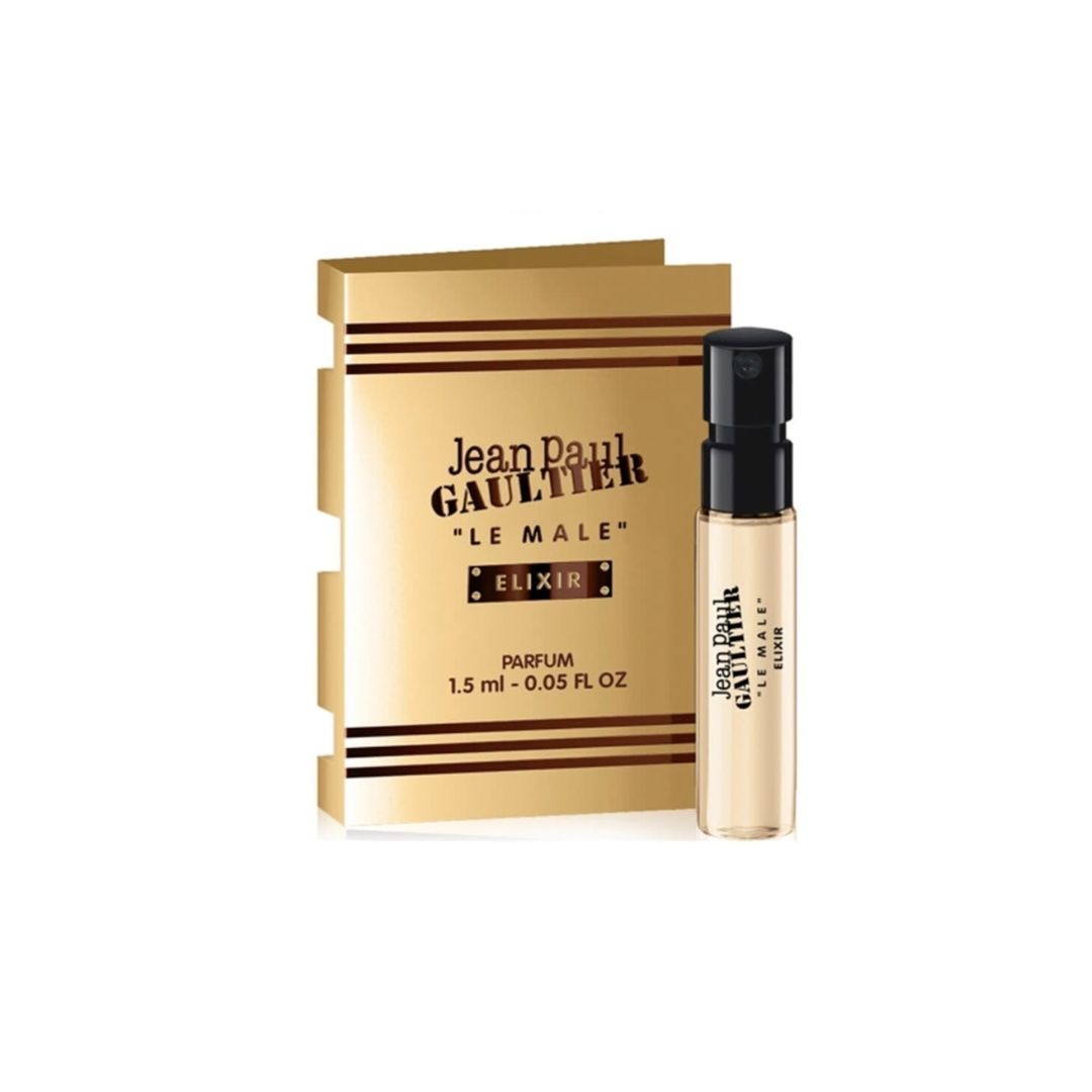 Jean Paul Gaultier Le Male Elixir 1.5ml sample vial, a warm, sweet, and spicy honey-tobacco fragrance for men.