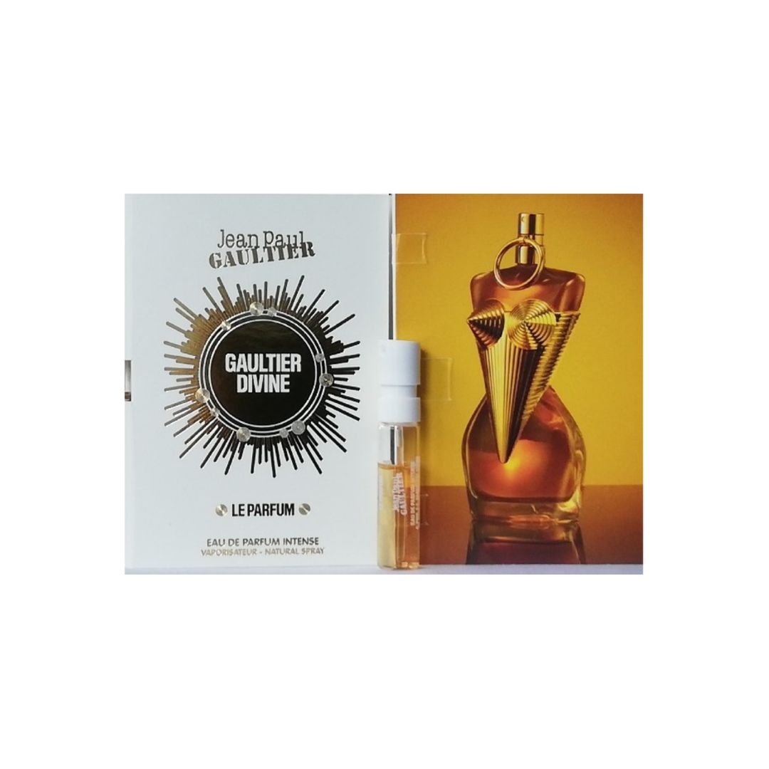 Jean Paul Gaultier Divine Le Parfum 1.5ml sample vial, a radiant solar and salty floral fragrance for women.