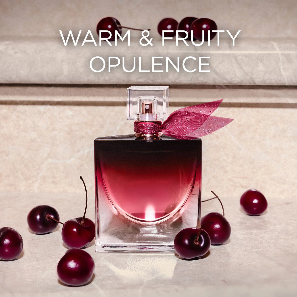 Official Lancôme La Vie Est Belle Very Cherry bottle and cherry presentation