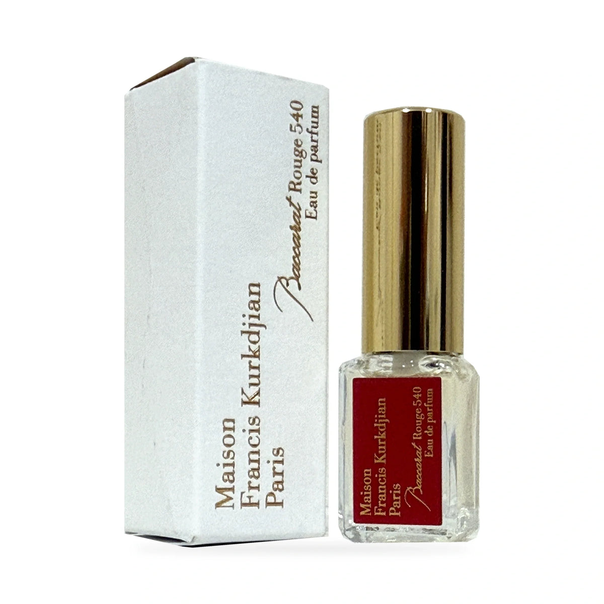 Baccarat Rouge 540 miniature bottle and box label close-up