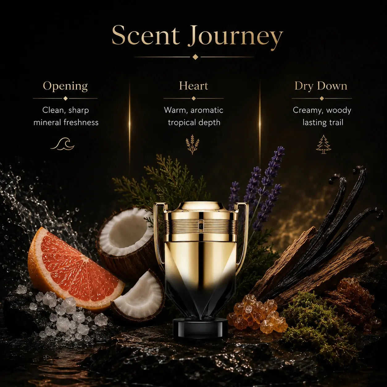 Perfume bottle with ingredients and description of scent journey on a dark background