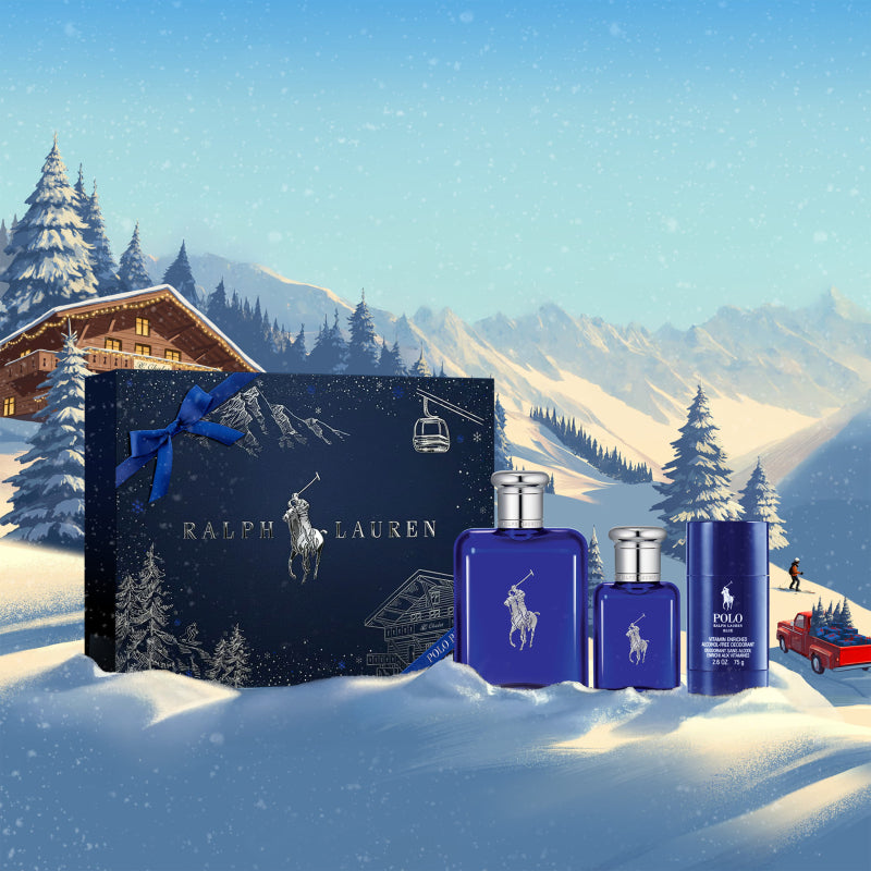 Polo Blue gift set in a winter chalet campaign setting