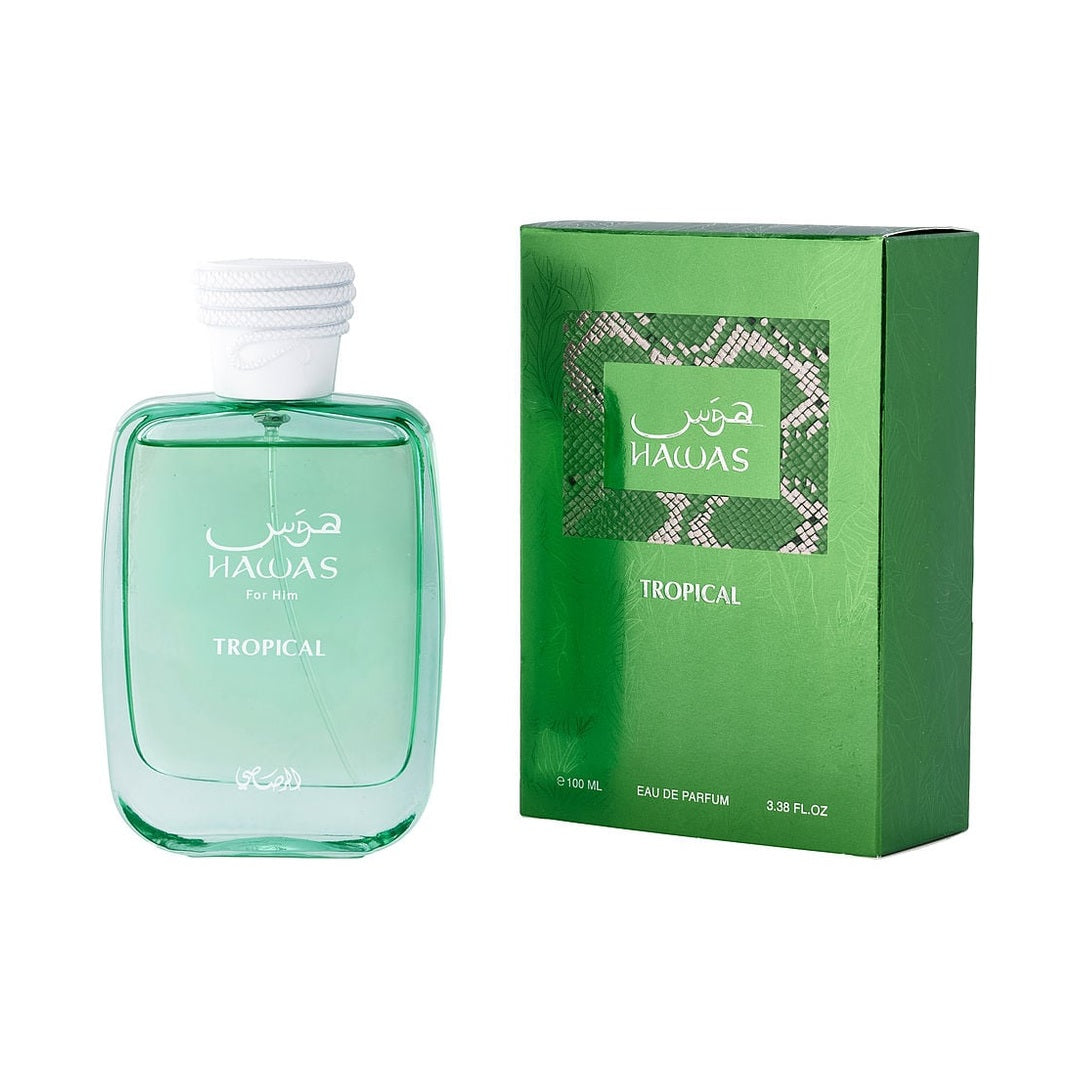 Rasasi Hawas Tropical EDP 100ml perfume bottle and box