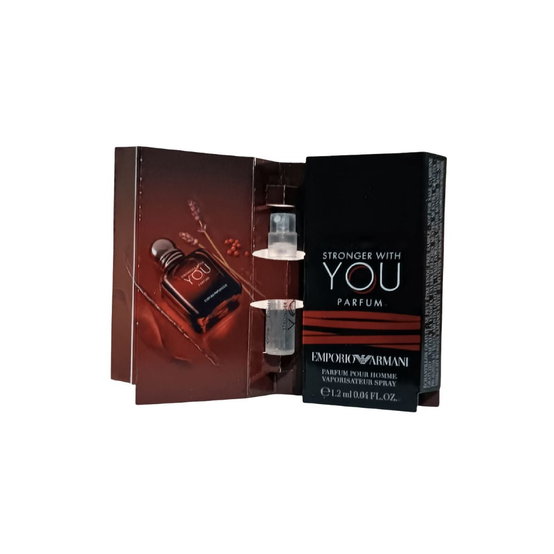 Armani Stronger With You Parfum 1.2ml sample vial on carding, a deep and woody designer fragrance for men.