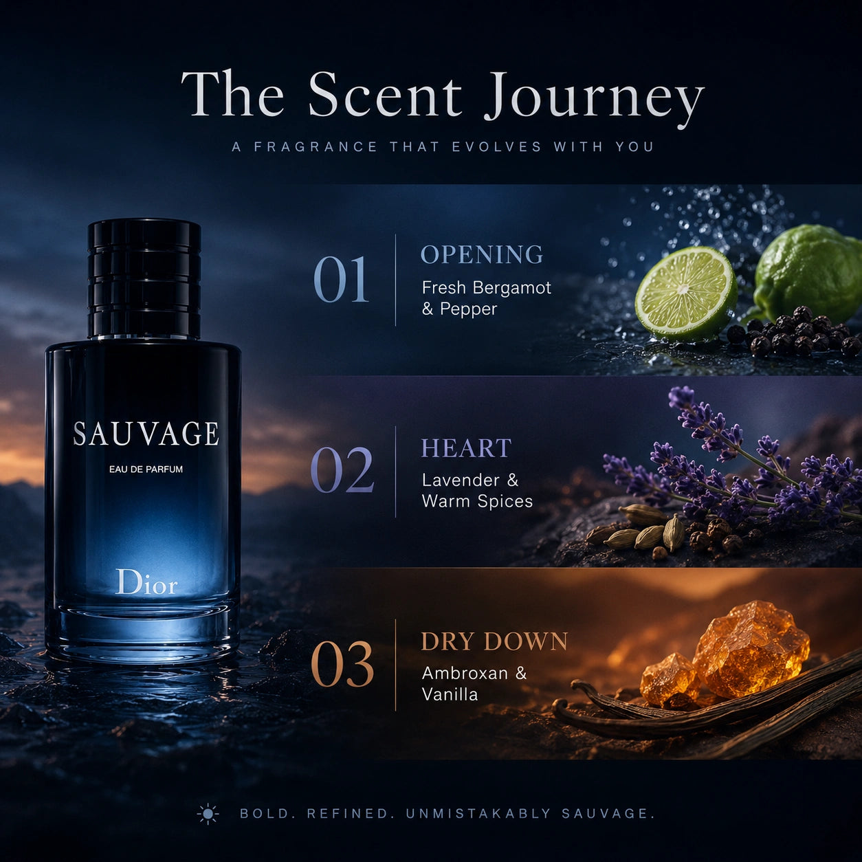 Christian Dior Sauvage scent journey infographic showing top, heart and base notes at Gadgets Online NZ