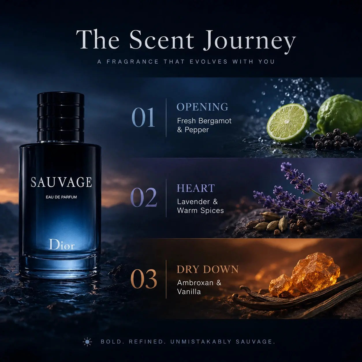 Christian Dior Sauvage scent journey infographic showing top, heart and base notes at Gadgets Online NZ