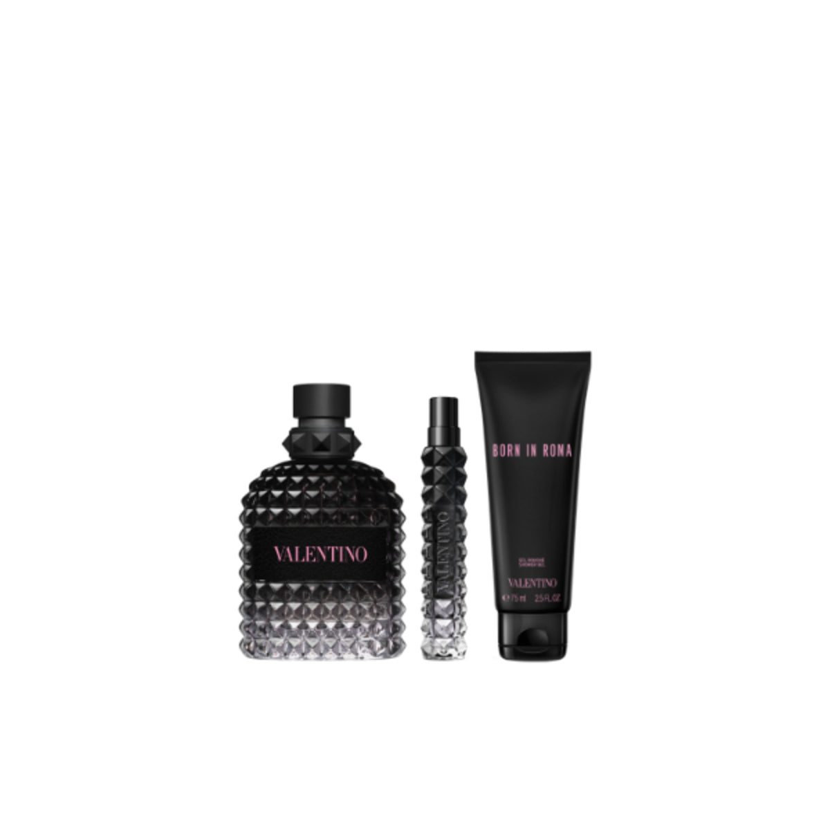 Valentino Uomo Born In Roma bottle, travel spray and shower gel