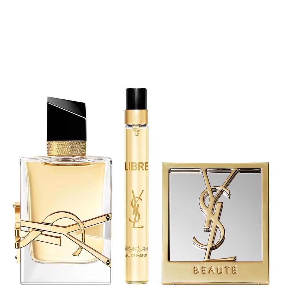 YSL Libre 50ml bottle, matching travel spray and gold-toned compact mirror