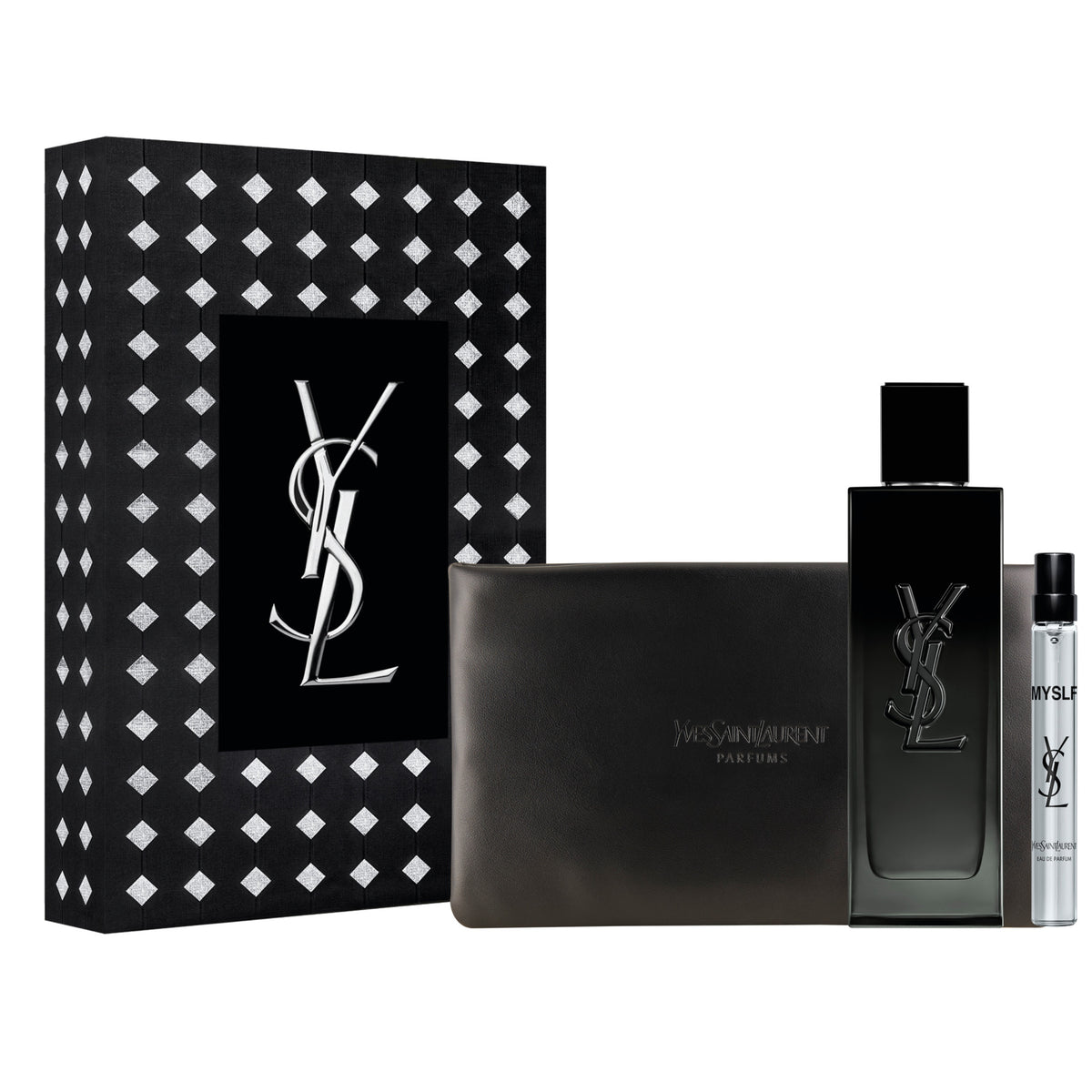 YSL MYSLF gift set with 100ml bottle, 10ml travel spray, black pouch and gift box
