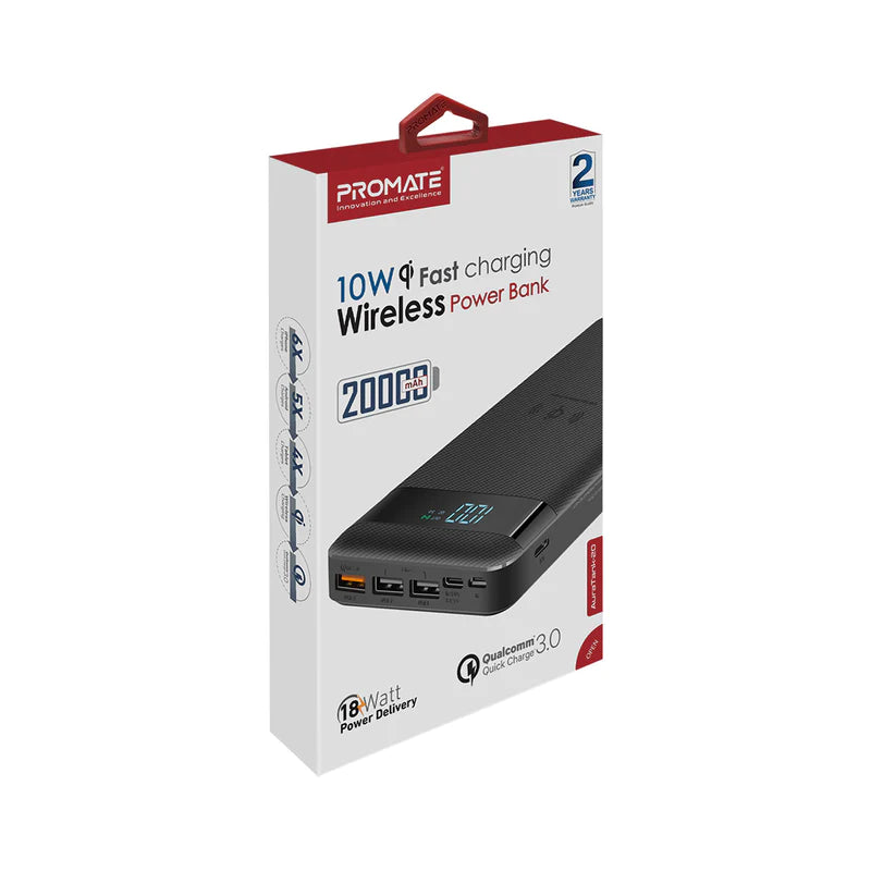 Promate Black 20000mAh Wireless Charging Power Bank with LED Display