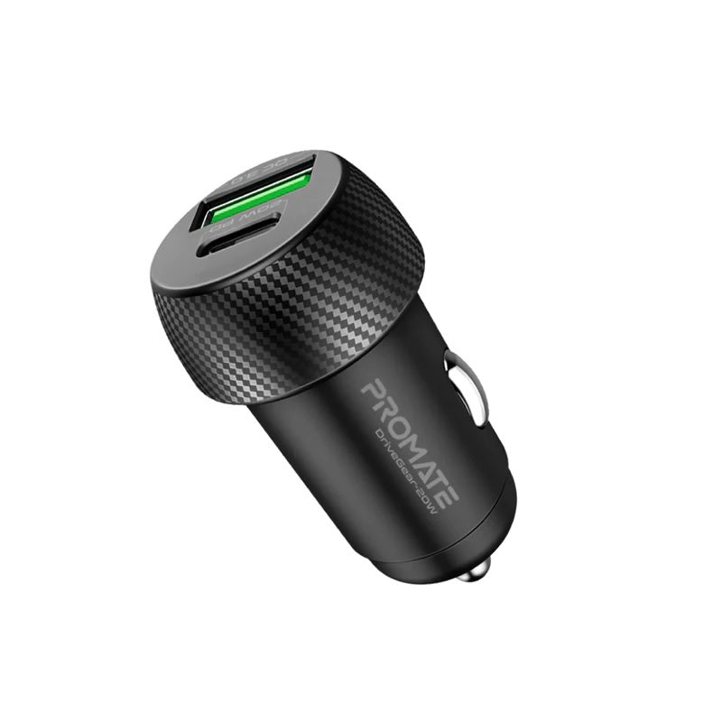 PROMATE 20W Dual Port Car Charger with QC3.0 and USB-C Port