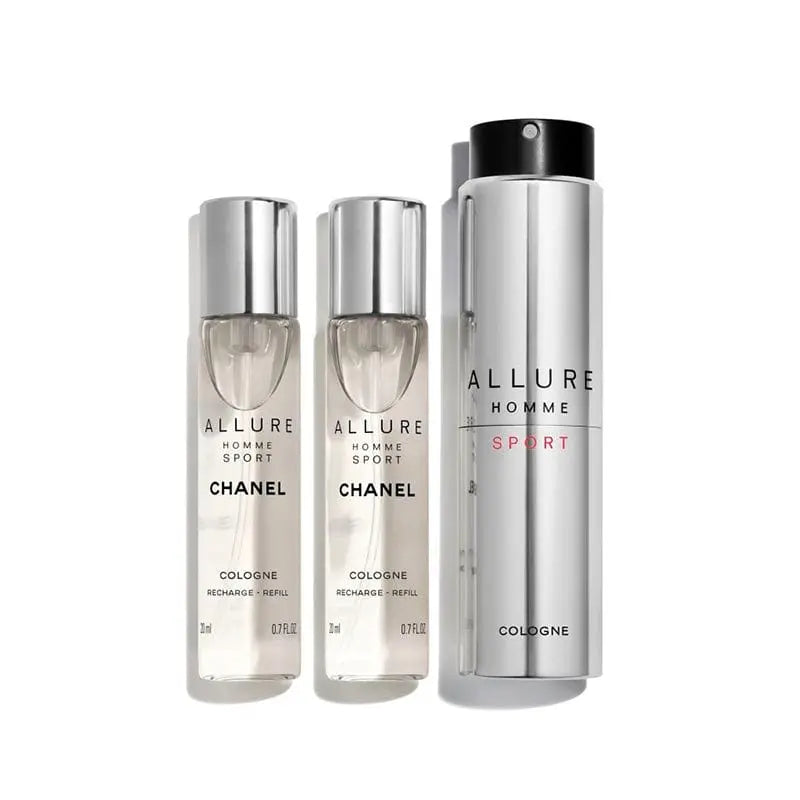Chanel Allure Homme Sport Cologne 3 x 20ml Travel Spray - Three Chanel Allure Homme Sport cologne travel sprays in silver packaging.