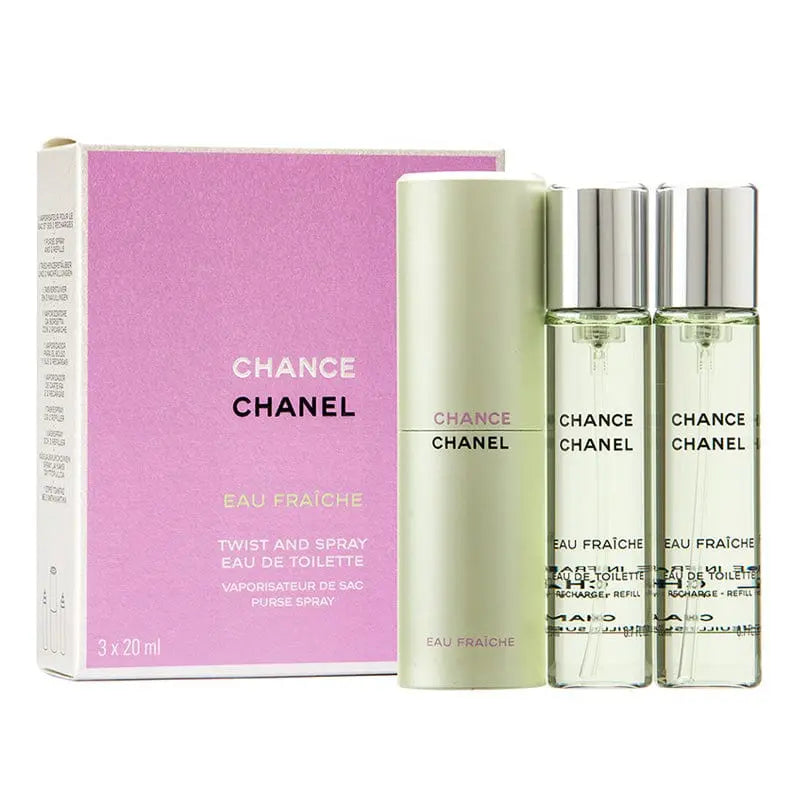 A set of three Chanel Chance Eau Fraîche EDT bottles in a twist and spray packaging, with the brand and product name displayed on the label.