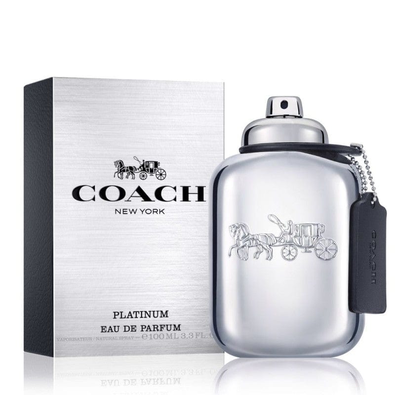 Coach Platinum 100ml EDP, a sleek, silver-toned bottle, suggesting a refreshing, aromatic, and warmly sensual masculine fragrance in NZ