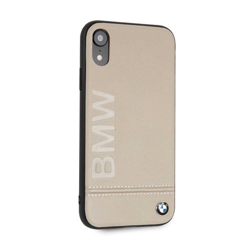 Official BMW iPhone XR Taupe Genuine Leather Rigid Case Grey