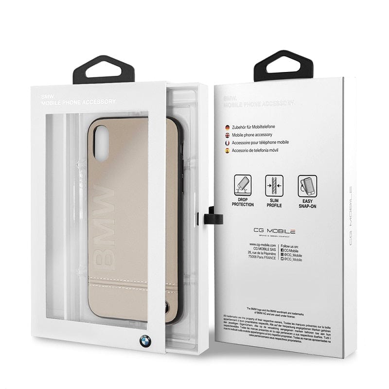 Official BMW iPhone XR Taupe Genuine Leather Rigid Case Grey