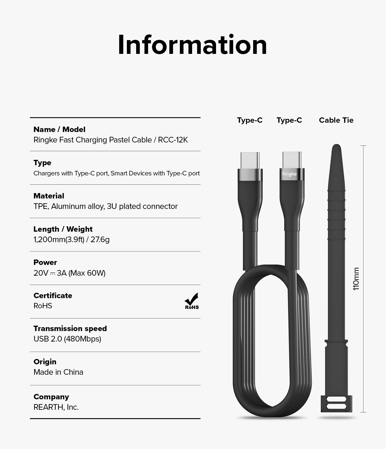 Ringke Fast Charging Pastel C to C 1.2m Black Cable