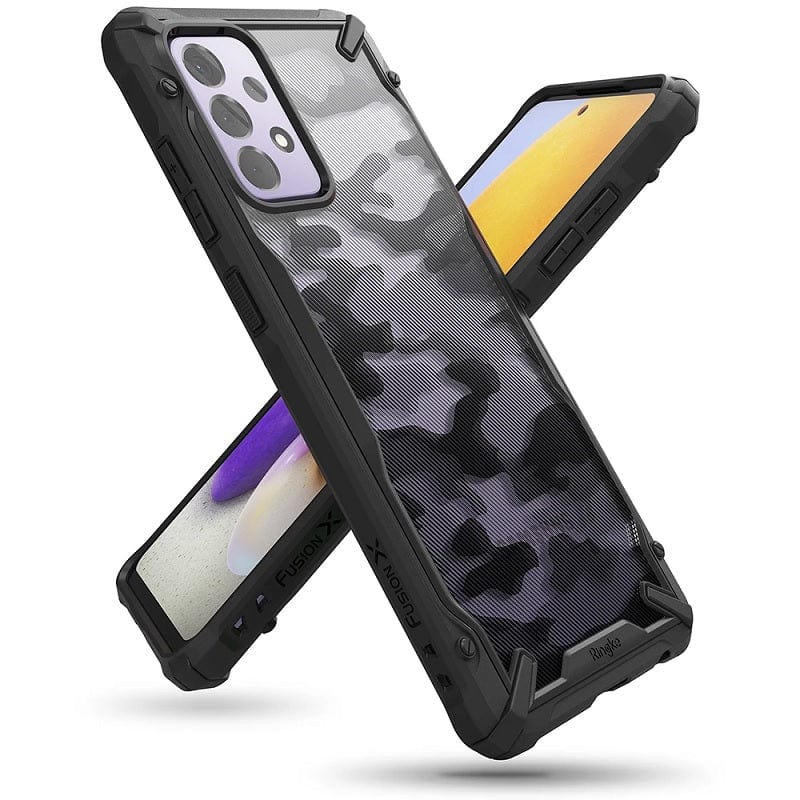 The Ringke FusionX Camo Black Case is specifically crafted for the Samsung Galaxy A72, blending style and protection.