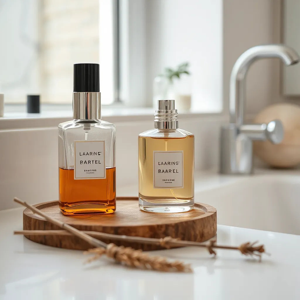Perfume bottles on a clean vanity under soft natural light, showing packaging and product details for authenticity checks