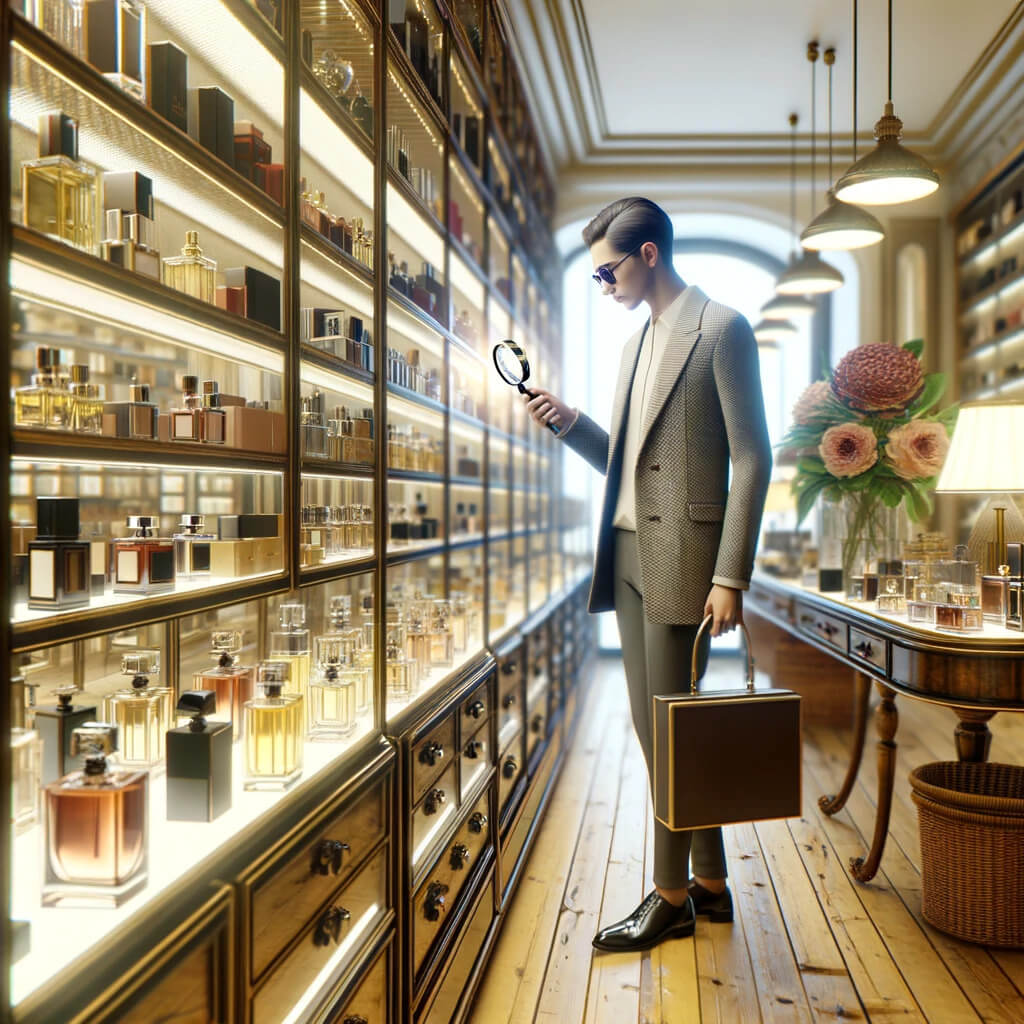 Realistic depiction of a customer in a luxury perfume shop, carefully examining a bottle with a magnifying glass to verify its authenticity, surrounded by shelves of various high-end perfumes.