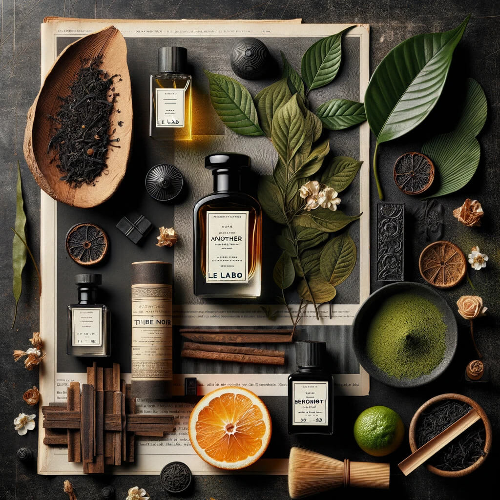Artistic arrangement of luxury perfume elements including sandalwood, an open magazine, black tea leaves, a bergamot fruit, and matcha powder, symbolizing the essence of Le Labo fragrances.