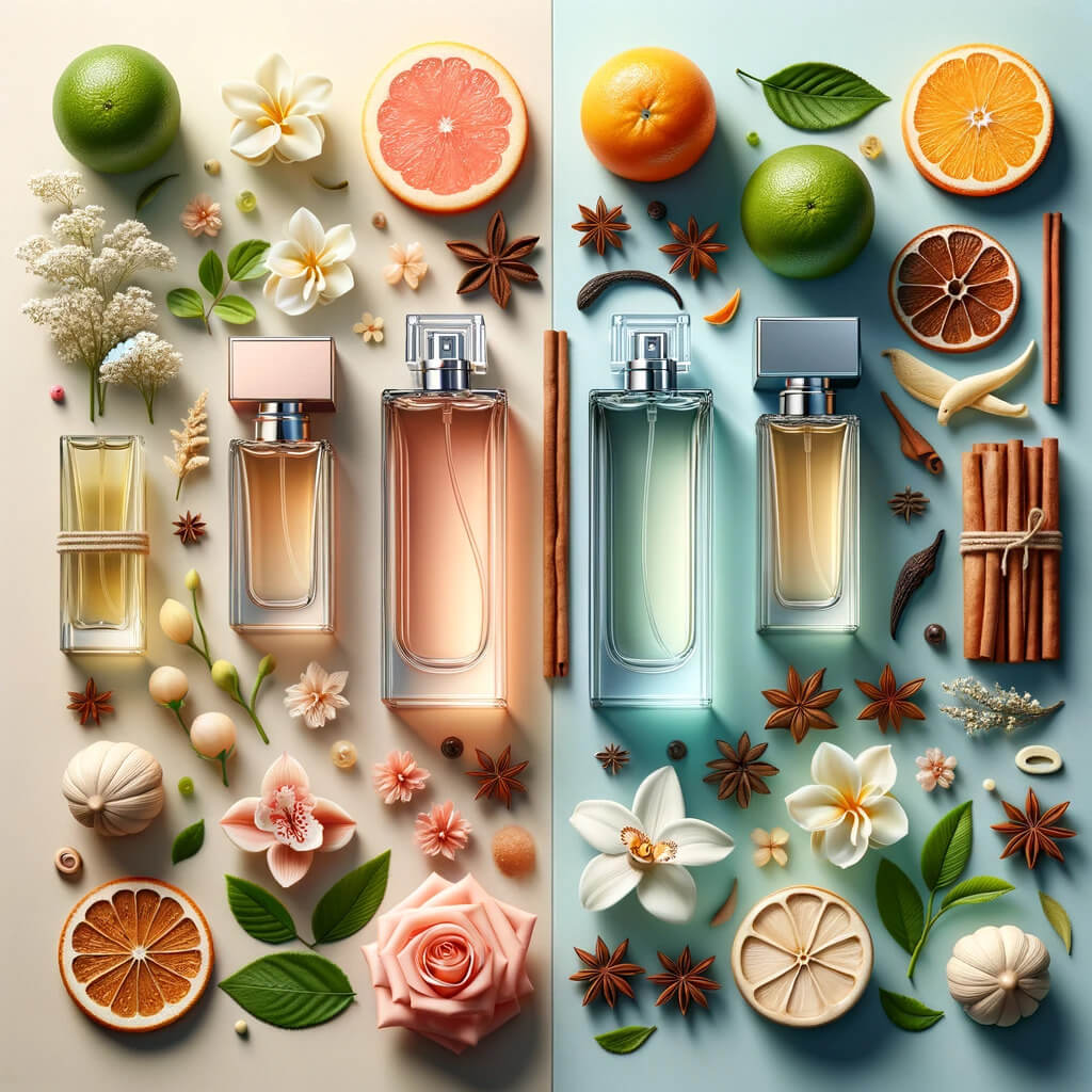 Seasonal Perfume Selection for New Zealand Shoppers: Summer scents with citrus and floral elements alongside winter fragrances featuring cinnamon and vanilla, available at Gadgets Online NZ