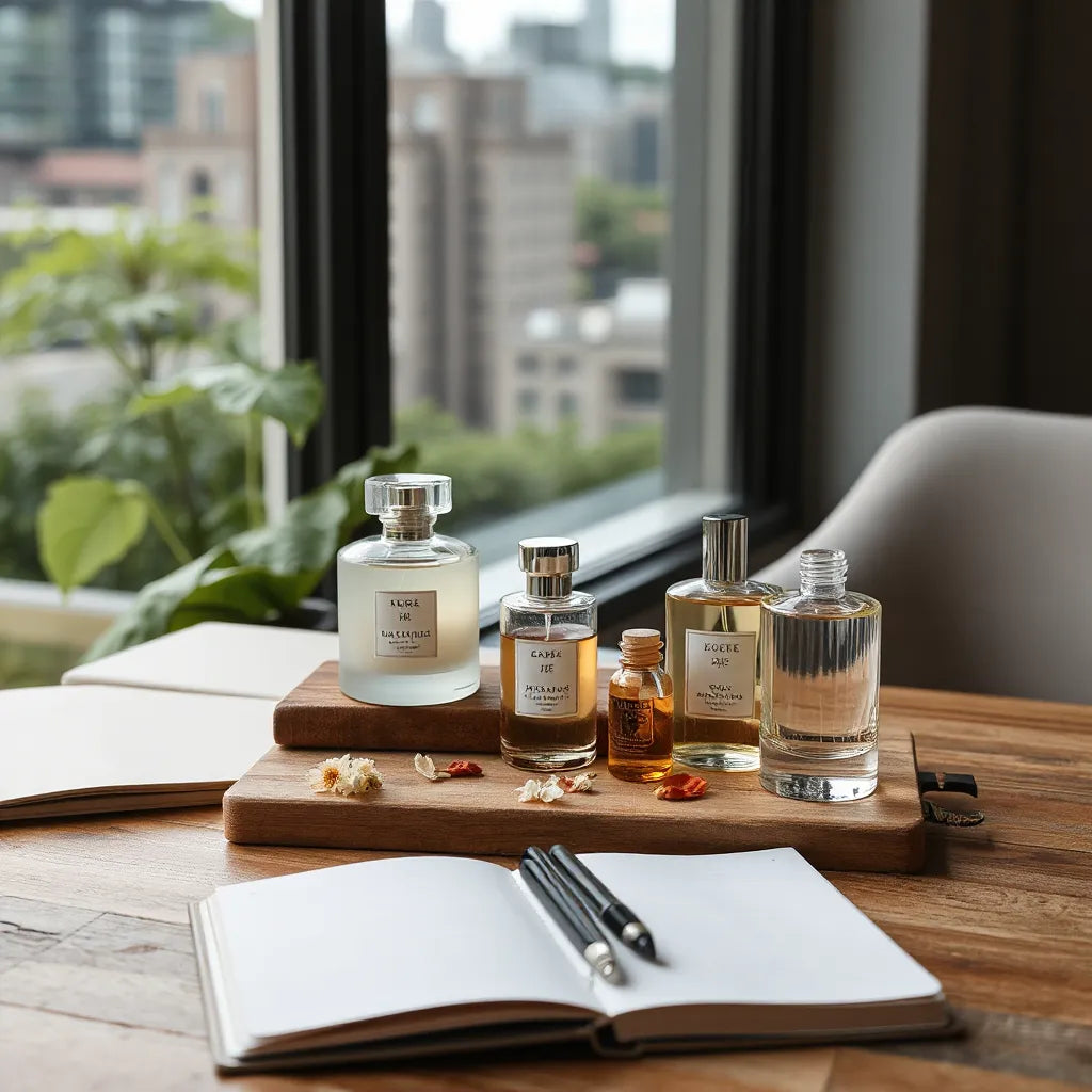 Elegant perfume bottles and a small vial on a wooden table with soft daylight near a window