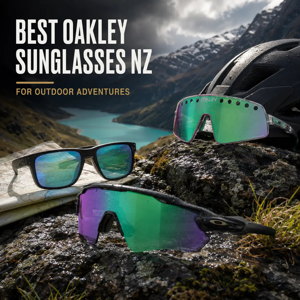 Best Oakley sunglasses NZ outdoor guide with Radar EV Path, Holbrook XL and Sutro Ti Sweep in an alpine setting