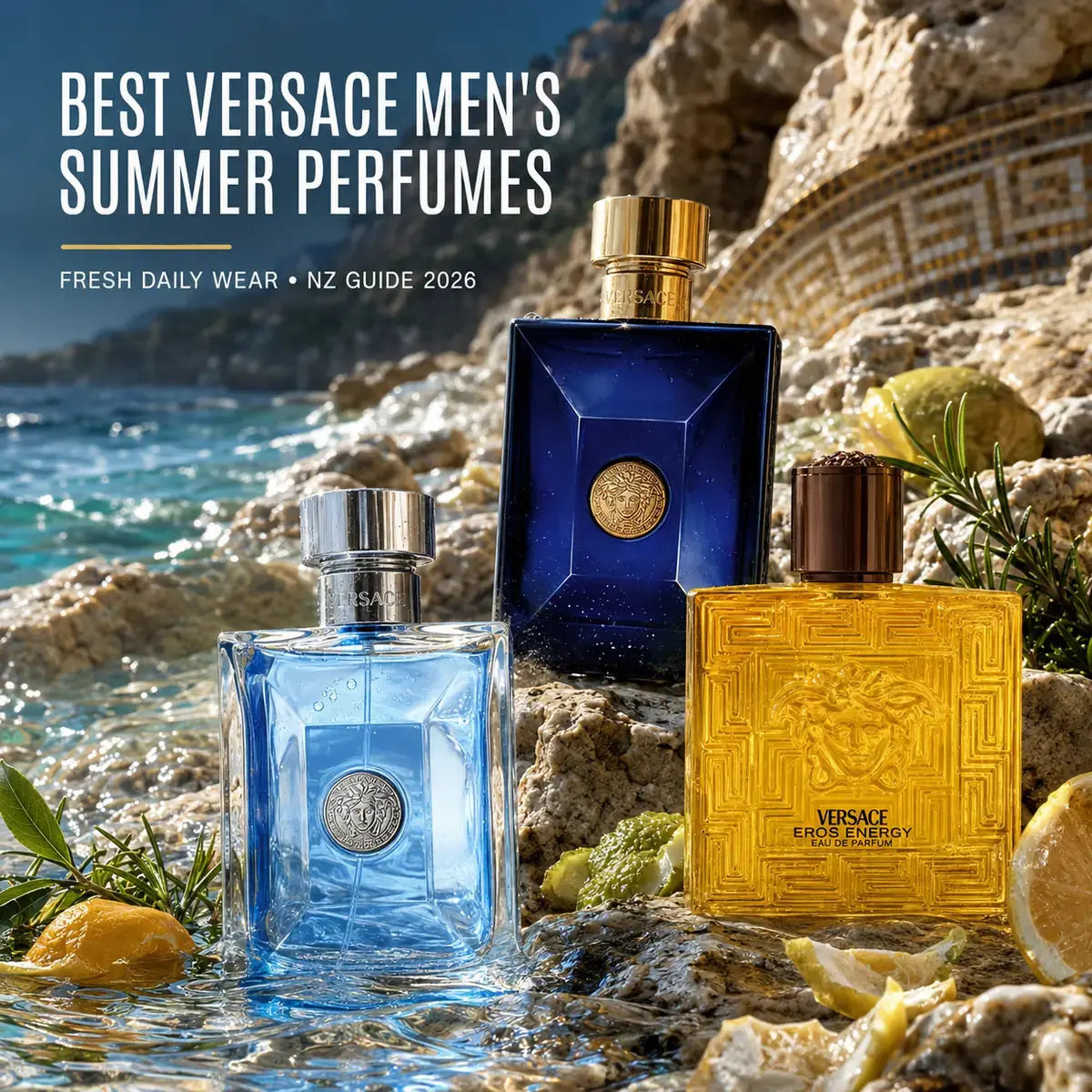 Best Versace men’s summer perfumes in NZ featuring Pour Homme, Dylan Blue, Eros Energy, Eau Fraîche Extreme and Eros