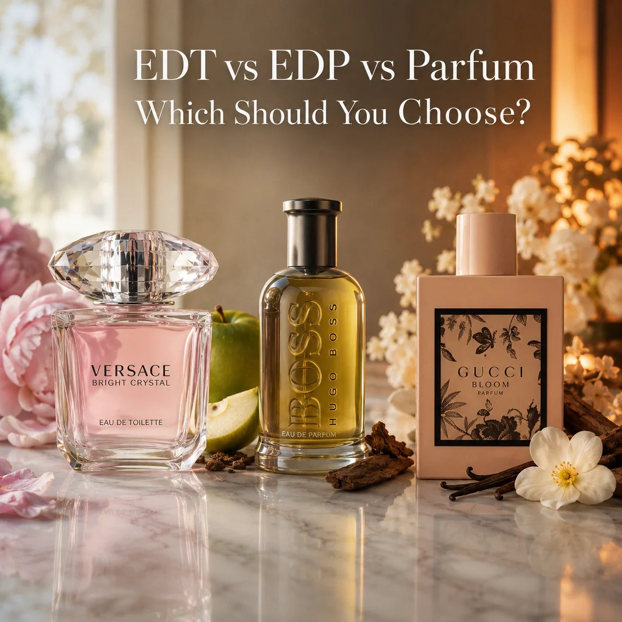 EDT vs EDP vs Parfum NZ fragrance comparison with Versace, Hugo Boss and Gucci perfume