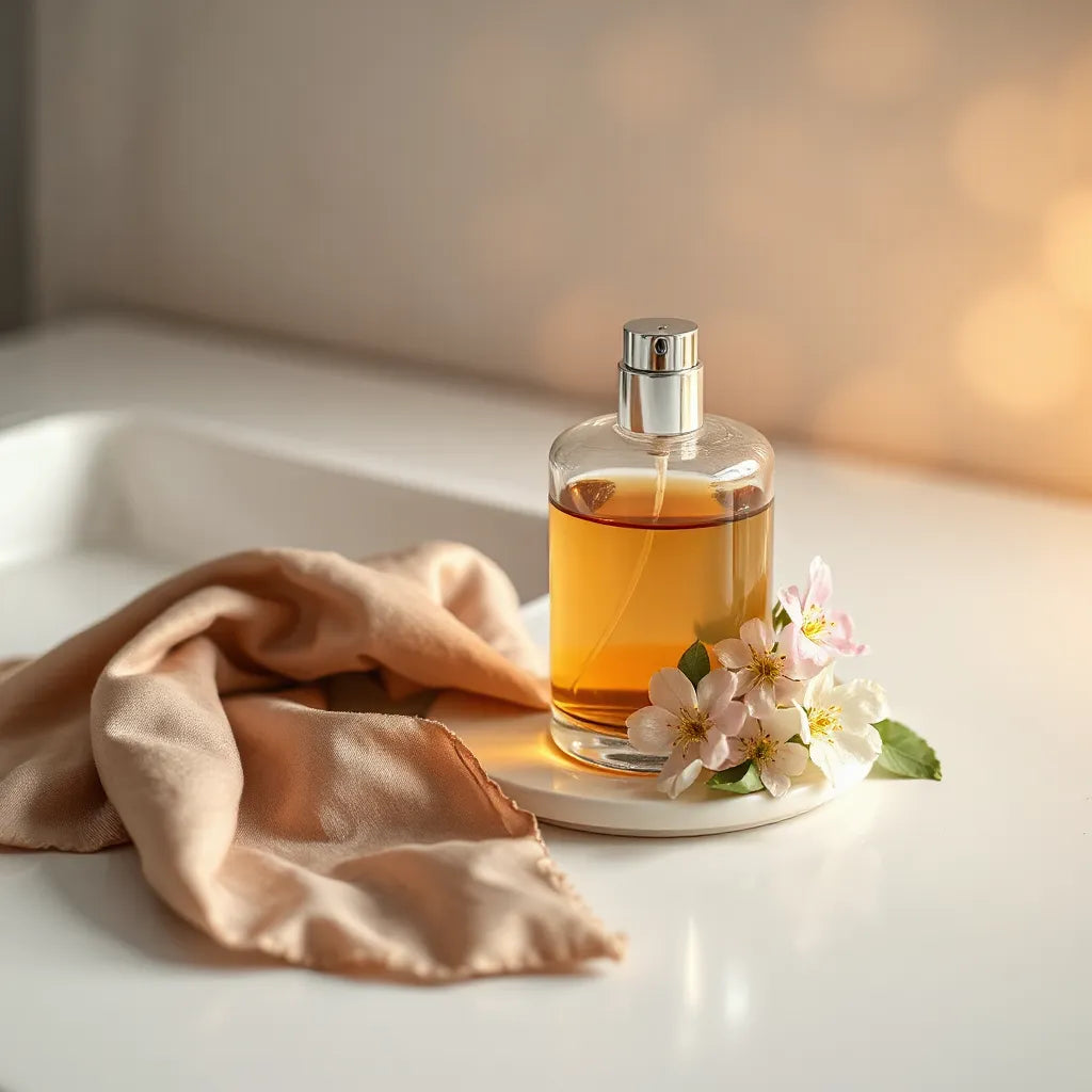 Elegant luxury perfume bottle with soft amber liquid on a minimalist vanity beside flowers and a silk scarf
