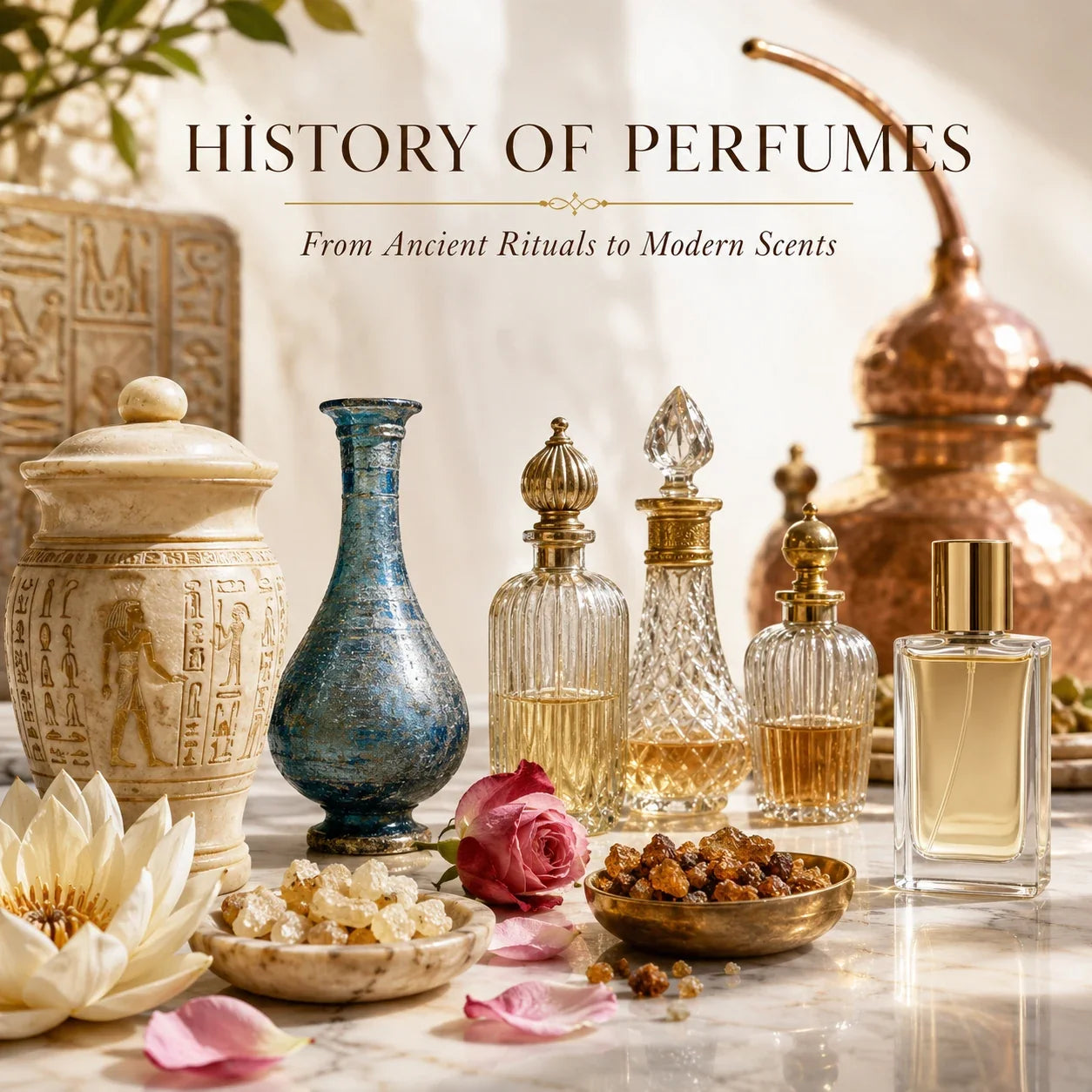 History of perfume from ancient Egyptian oils and incense to distillation and modern fragrance bottles