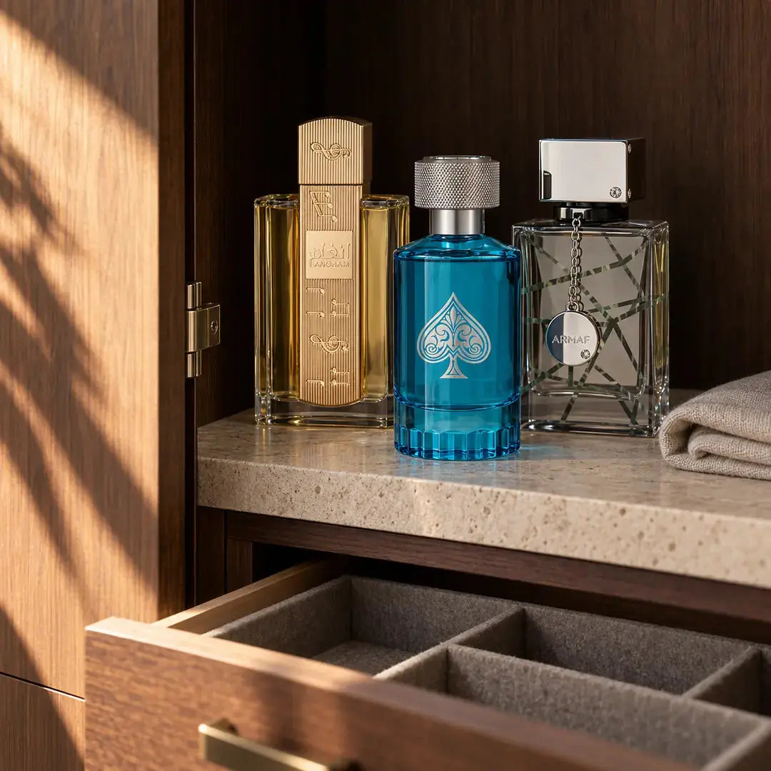 Genuine perfume bottles stored upright in a cool shaded walnut cupboard away from direct sunlight
