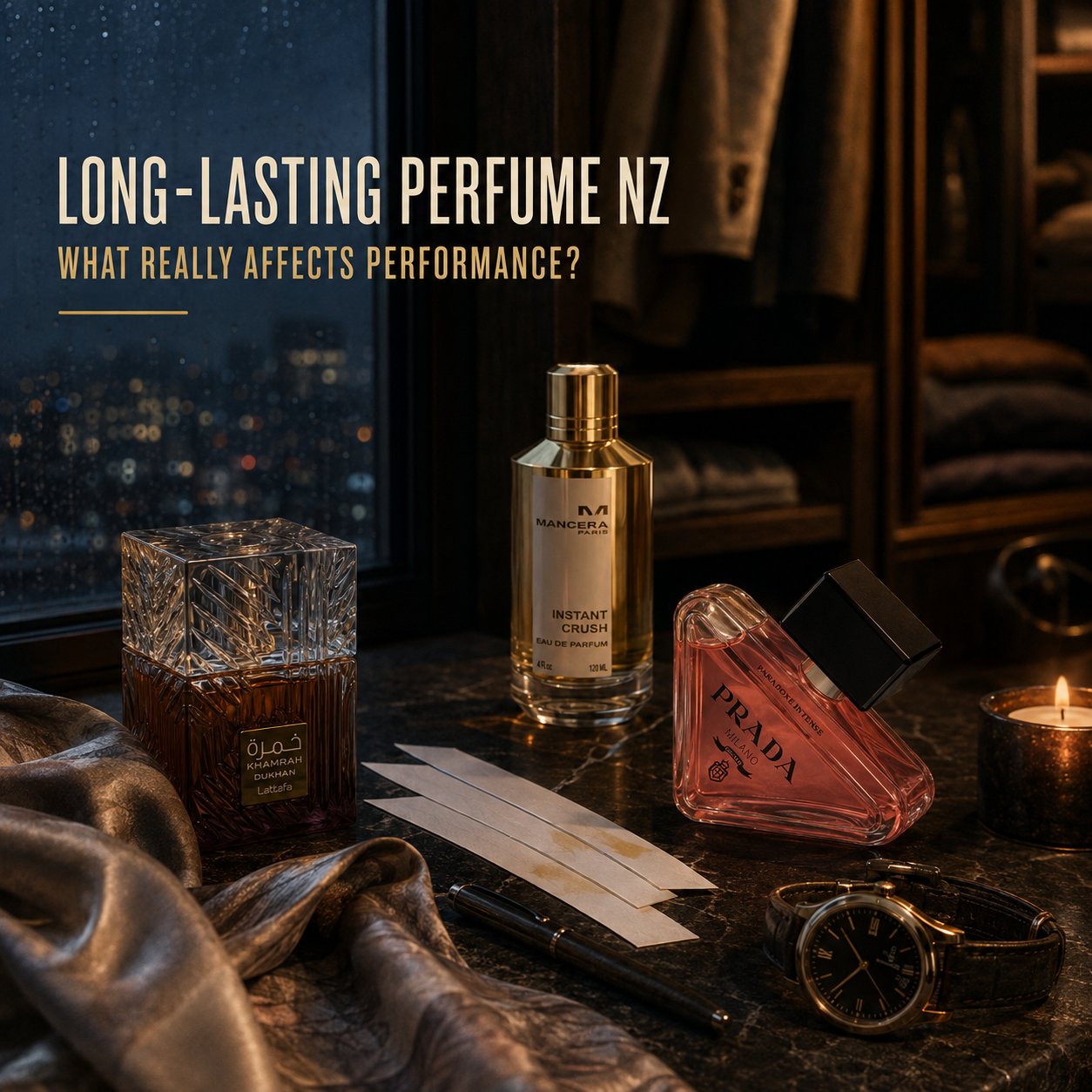 Long-lasting perfume NZ guide featuring varied fragrance bottles in an editorial performance-testing scene