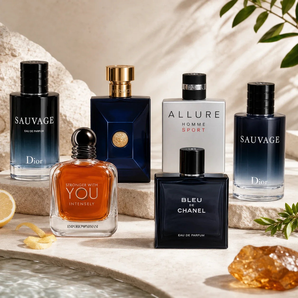 Men’s Perfume Finder NZ featuring Bleu de Chanel, Dior Sauvage, Versace Dylan Blue, Chanel Allure Homme Sport and Emporio Armani Stronger With You Intensely