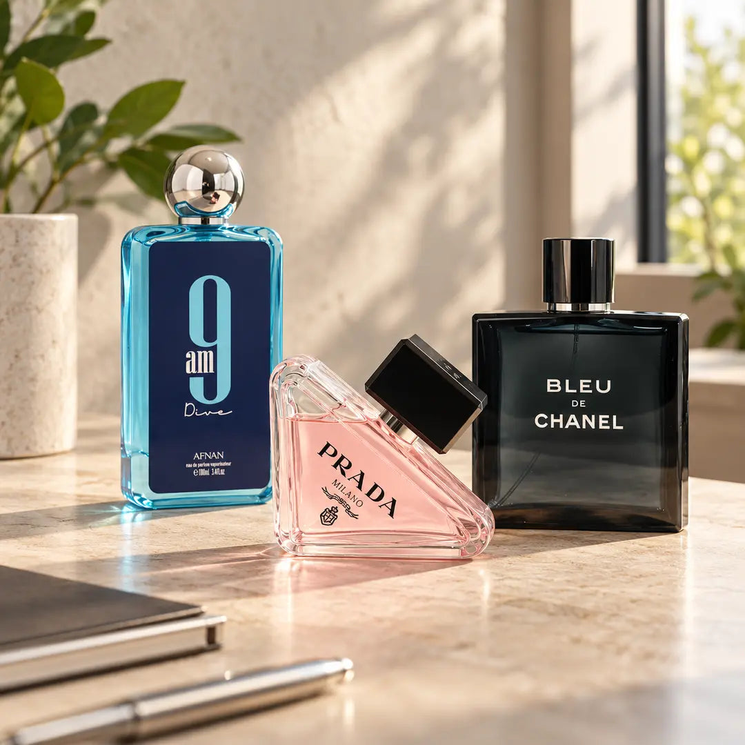 Bleu de Chanel, Afnan 9 AM Dive and Prada Paradoxe arranged on a refined office desk