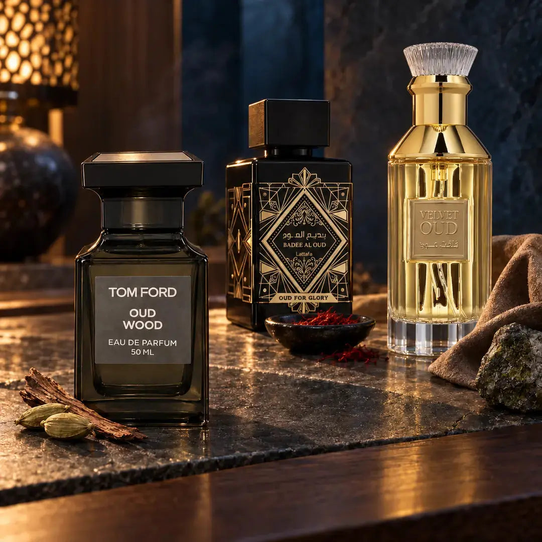 Tom Ford Oud Wood, Lattafa Oud for Glory and Velvet Oud in a premium material-led comparison scene