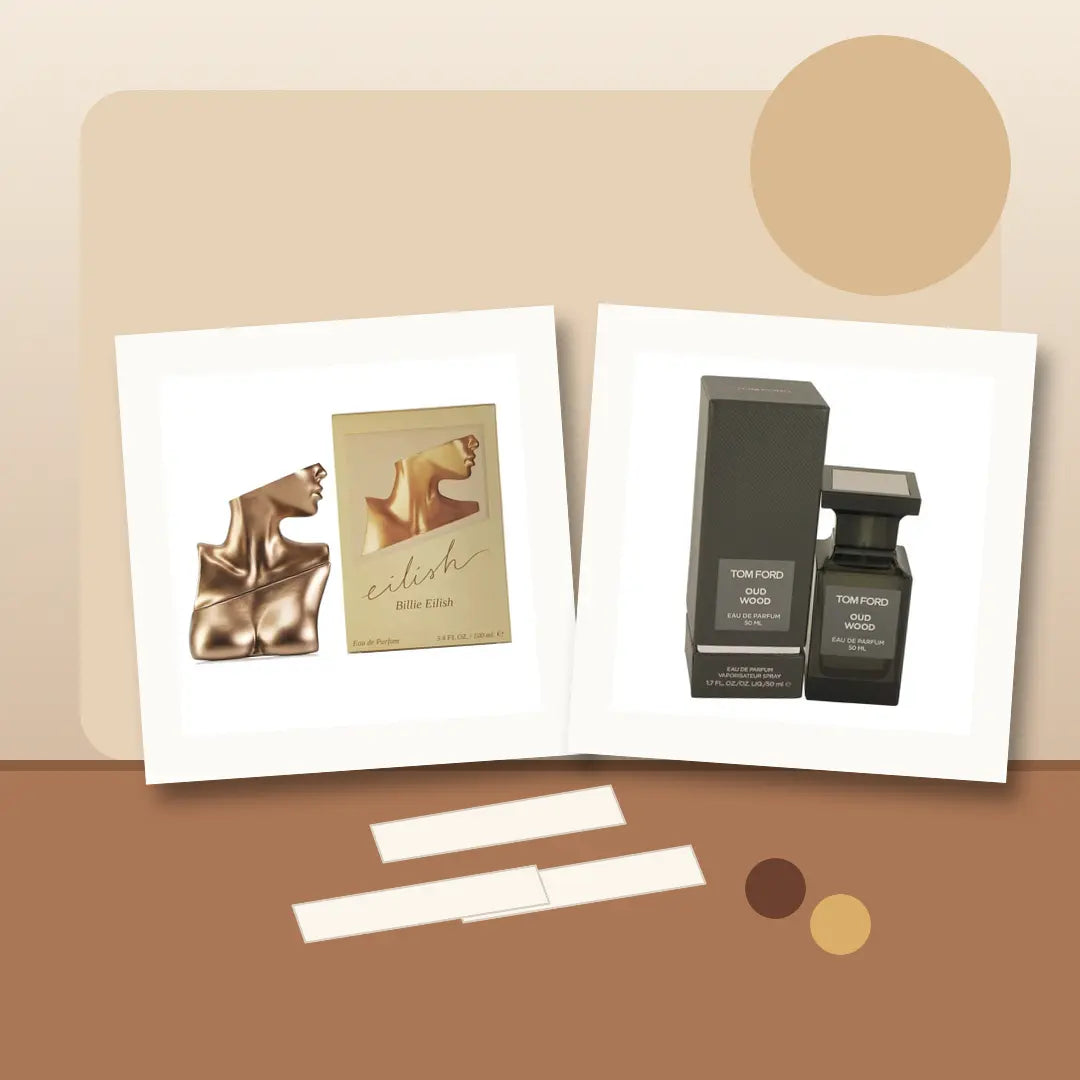 Billie Eilish EDP and Tom Ford Oud Wood product images arranged with perfume testing strips for a layering guide