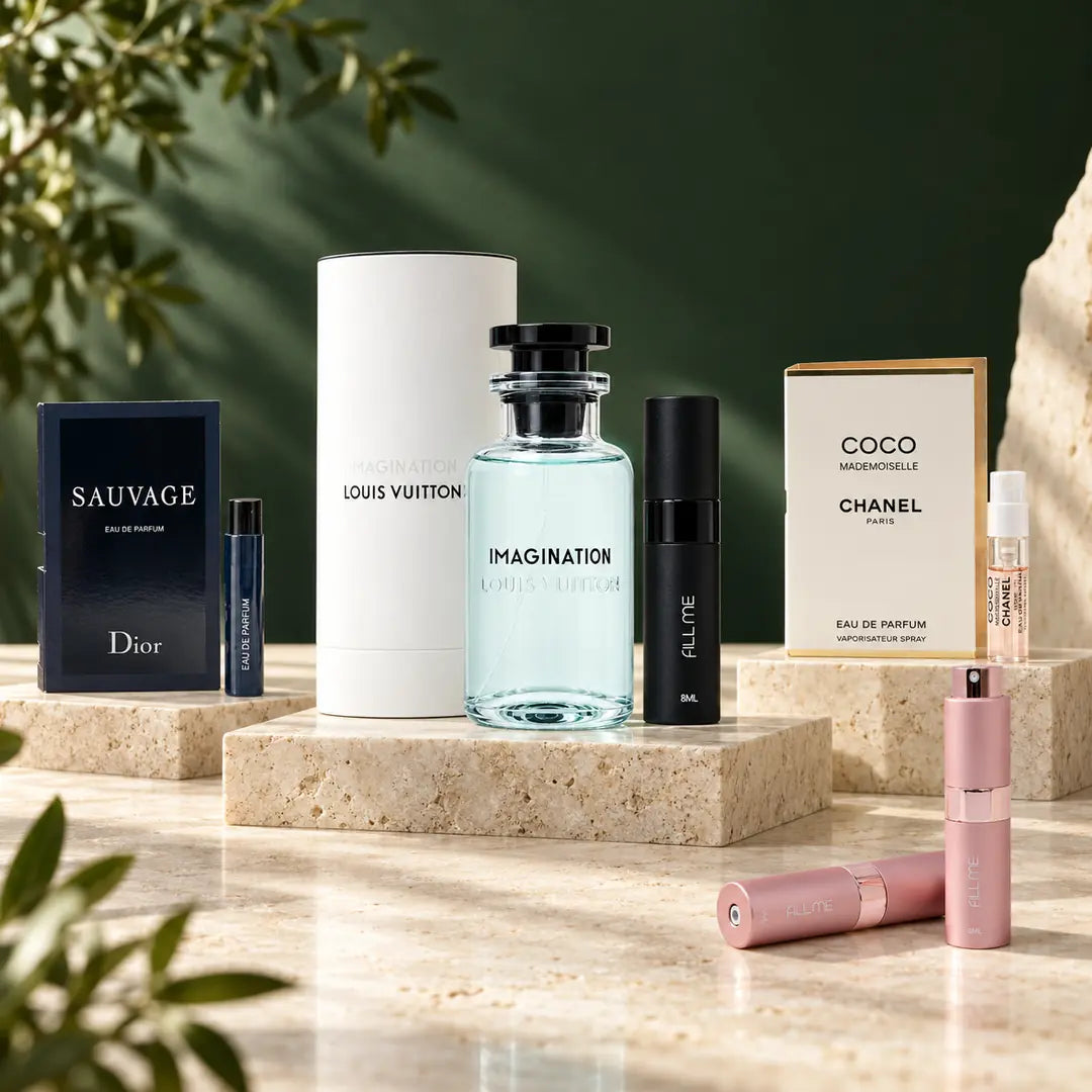 Perfume samples and decants NZ with Dior and Chanel sample vials, Louis Vuitton Imagination source bottle, filled 8ml decant and empty travel atomisers