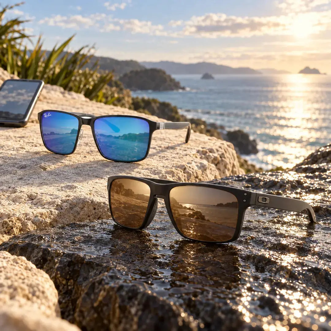 Oakley Holbrook and Ray-Ban blue polarised sunglasses grounded on a sunlit New Zealand coastal stone ledge