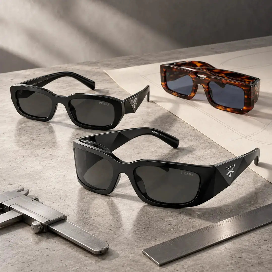 Three genuine Prada sunglasses compared on an eyewear atelier measurement table