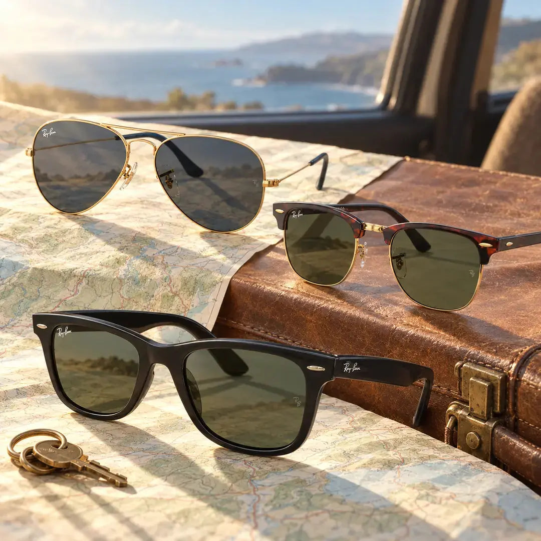 Ray-Ban Wayfarer, Aviator and Clubmaster sunglasses arranged for a New Zealand coastal road trip