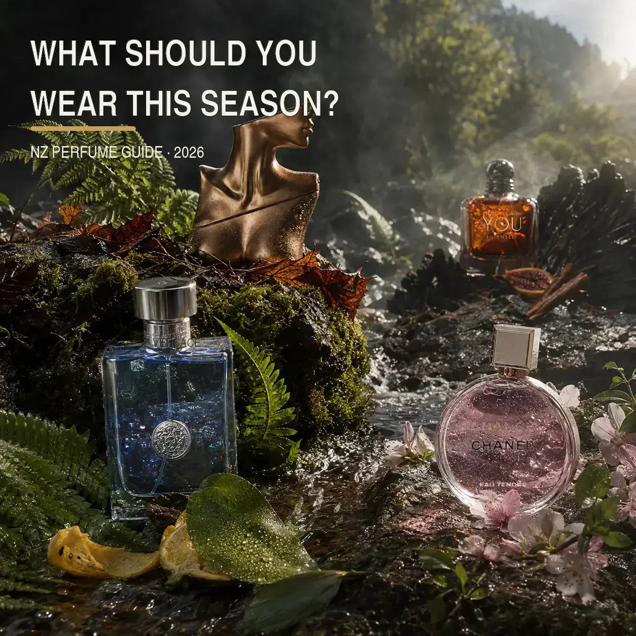 Summer and winter perfumes for New Zealand seasons featuring Versace Pour Homme, Billie Eilish, Armani and Chanel Chance Eau Tendre