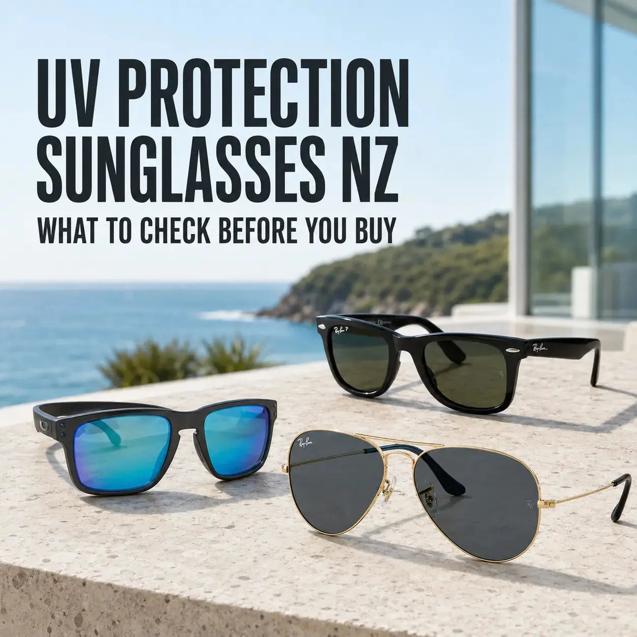UV protection sunglasses NZ guide featuring Ray-Ban Wayfarer, Oakley Holbrook XL and Ray-Ban Aviator