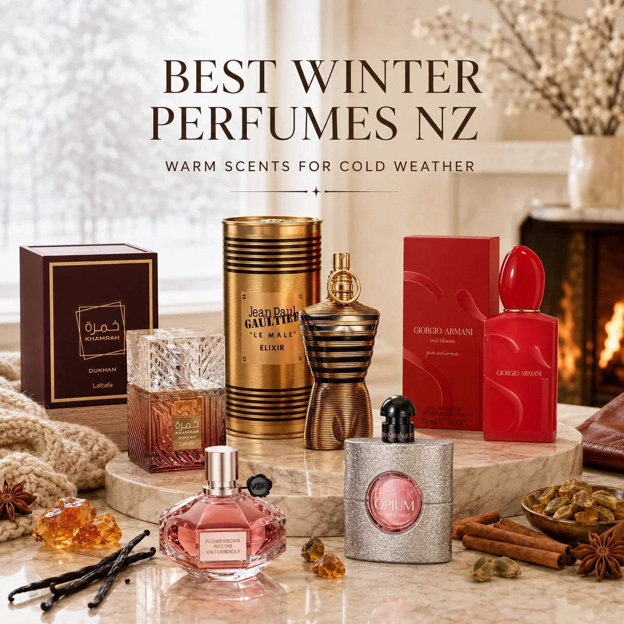 Best winter perfumes NZ featuring YSL Black Opium Glitter, Flowerbomb Nectar, Armani Sì Passione Red Bloom, Le Male Elixir and Lattafa Khamrah Dukhan