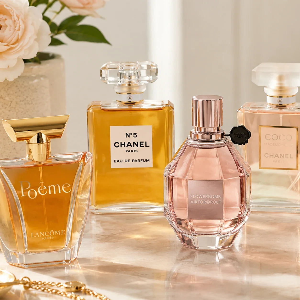Women’s Perfume Finder NZ featuring Lancôme Poême, Chanel No.5, Viktor & Rolf Flowerbomb and Chanel Coco Mademoiselle