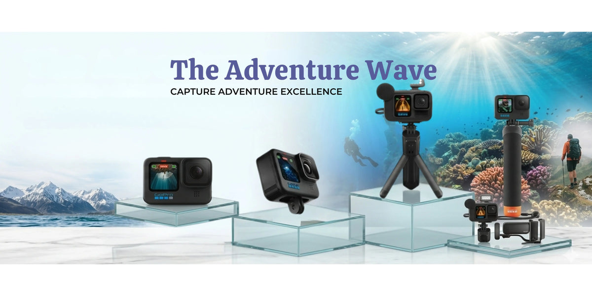 GoPro action cameras and accessories collection featuring tripods, audio and light kits, and handheld grips against a mountain and ocean adventure background.