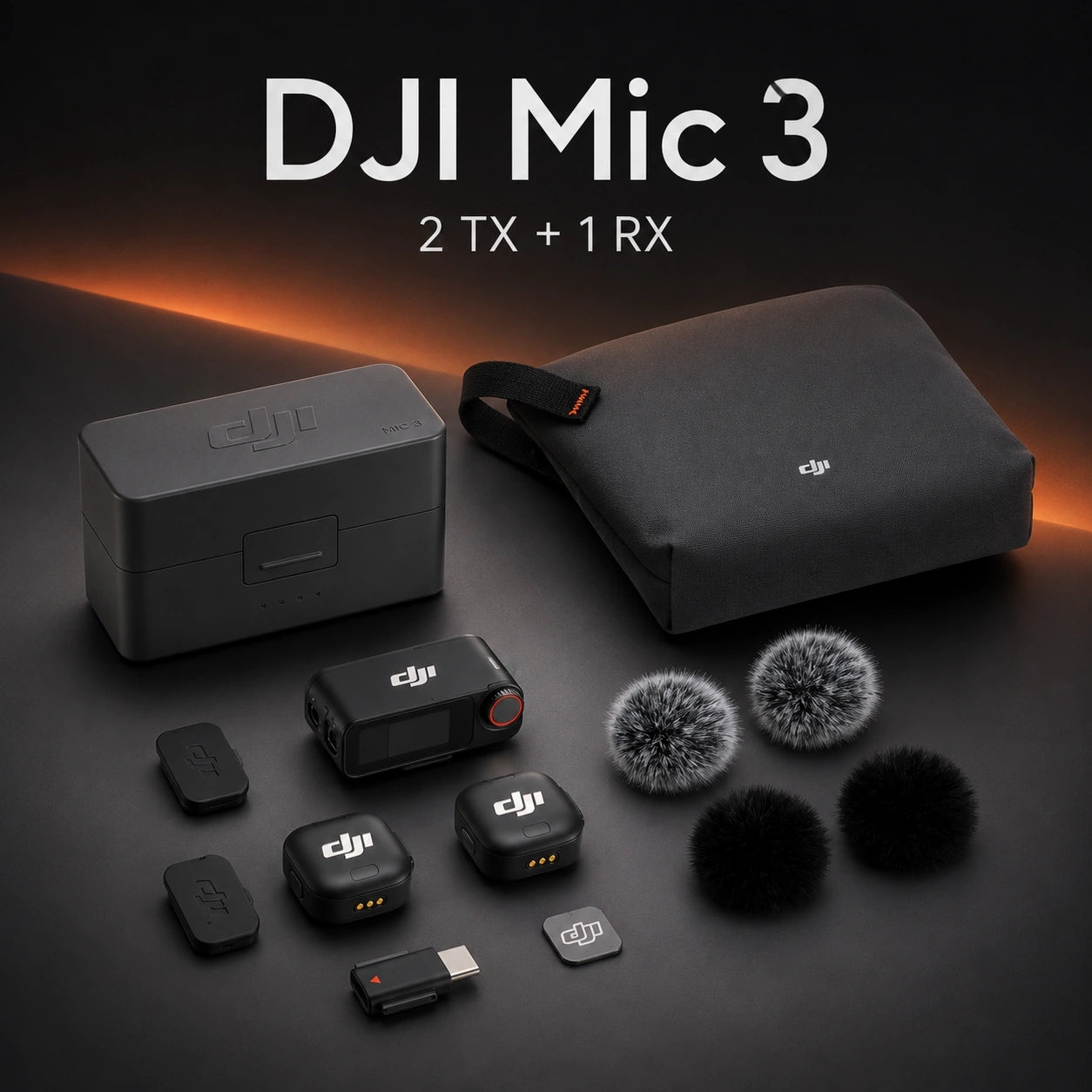DJI Mic 3 wireless microphone system with 2 transmitters, 1 receiver and charging case at Gadgets Online NZ