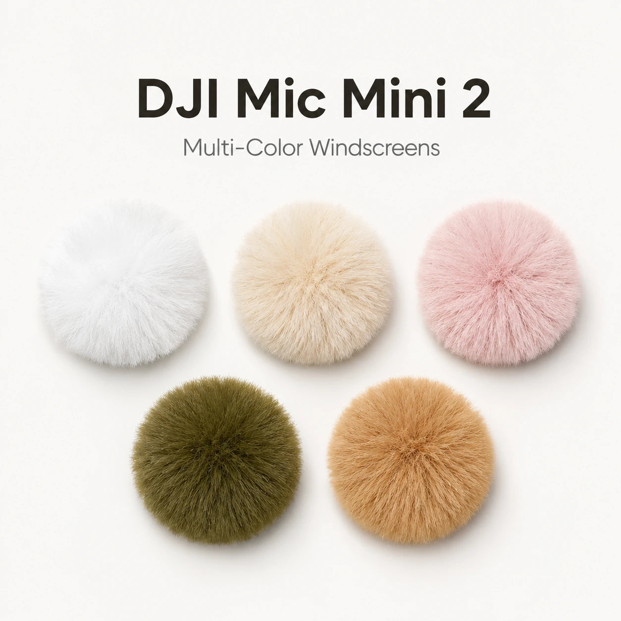 Five multi-colored windscreens with 'DJI Mic Mini 2' text on a white background