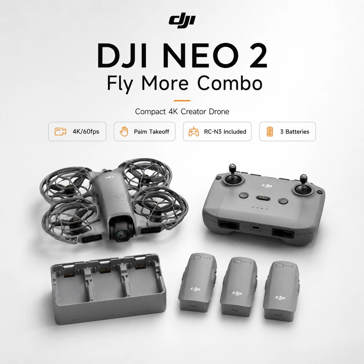 DJI Neo 2 Fly More Combo compact 4K creator drone with RC-N3 controller and three batteries at Gadgets Online NZ